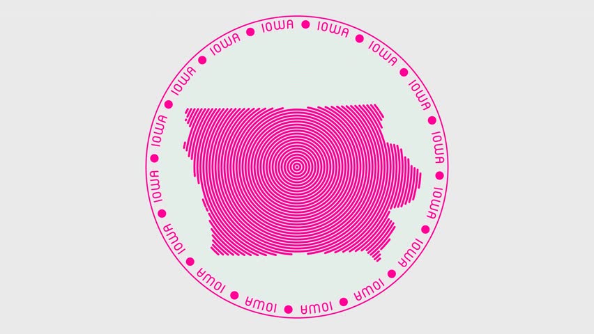 Iowa shape with dynamic circles visual effect. Animation of Iowa logo appearing from rotating rings and State name around the shape. Intro, opening, closing, logo video.