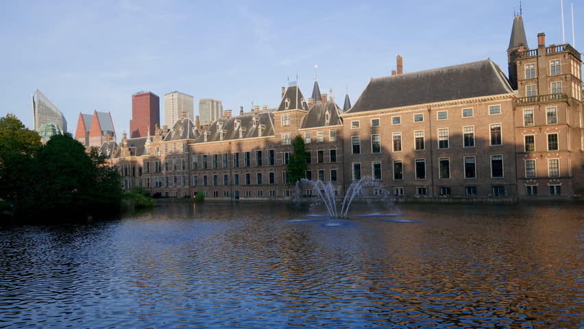 Cityscape of The Dutch Parliament Binnenhof Palace at sunset in The Hague, The Netherlands.
