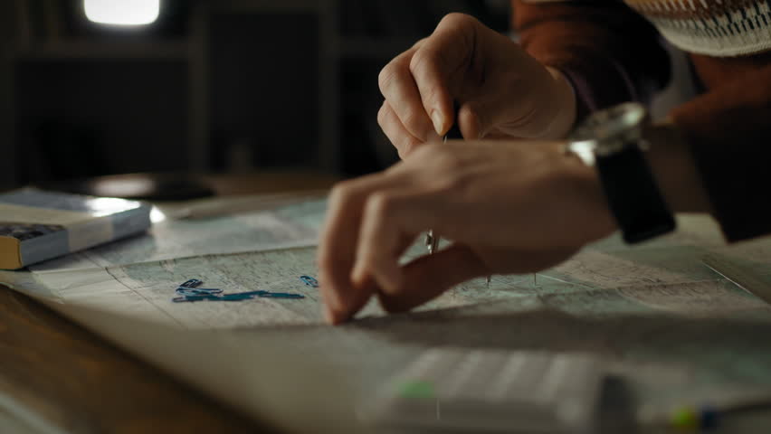 A person focuses on a map, using a compass and colored pins to mark key locations. This activity occurs indoors, showcasing meticulous planning in a warm, inviting setting