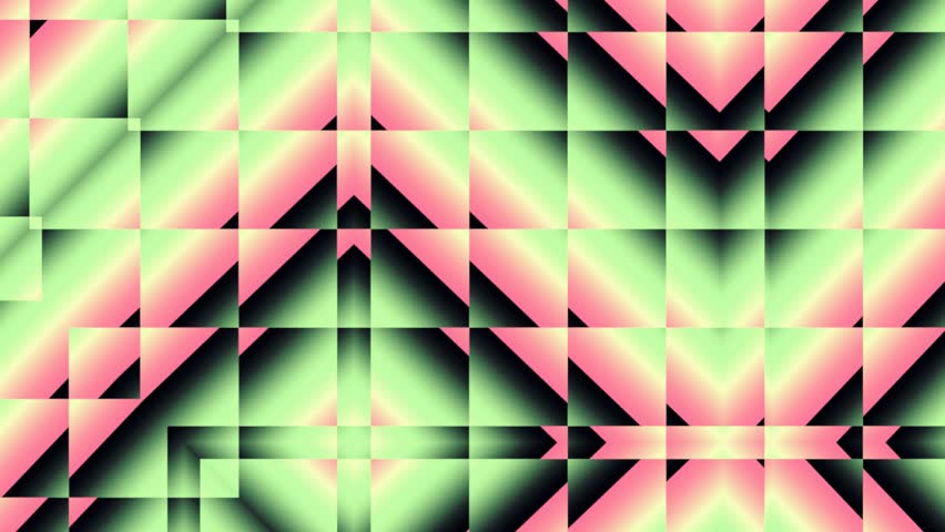 Seamless loop of pastel green and pink geometric tiles with diagonal gradients. The layered pattern shifts hypnotically, creating a soft, retro-futuristic motion.
