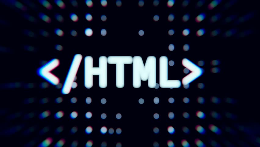 Glitchy HTML code tag on dark digital background with RGB blur. Tech-inspired concept perfect for programming, web development, or futuristic UI visuals.Seamless loop.