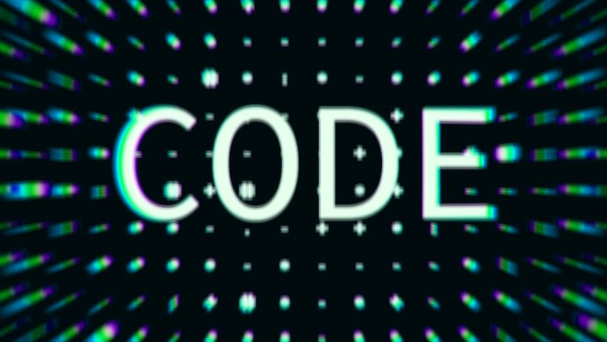 Glitchy “CODE” text in RGB distortion with digital ASCII symbols. Bold, retro-tech look for cyberpunk, developer, coding, or tech branding visuals.  Seamless loop.