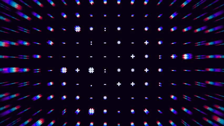 Retro-futuristic glitch pattern with ASCII symbols in vibrant RGB color split. Perfect for cyberpunk, digital interfaces, tech visuals, or VJ loops with nostalgic vaporwave vibes.