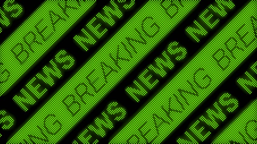 “BREAKING NEWS” marquee text scrolling diagonally in bold green with LED dot-matrix effect. Seamless loop animation ideal for alerts, headlines, digital signage, or motion design.