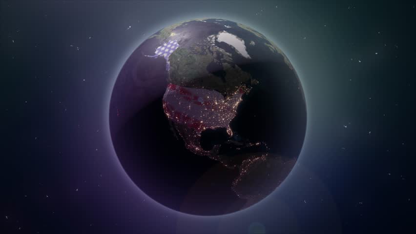 Globe Earth Zoom Animation Revealing USA with Pin on its Capital Washington D.C. ,An Artistic Representation of the United States of America Highlighting Washington D.C. with Nighttime City Lights