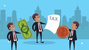Businessmen with money and tax document illustration in city scene - Powered by Shutterstock - Get 15% off with code: PIKWIZARD15