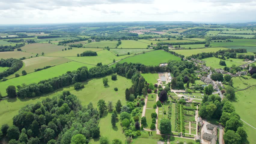 beautiful aerial view of the Miserden VIllage, Stroud District, Gloucestershire, England, uk