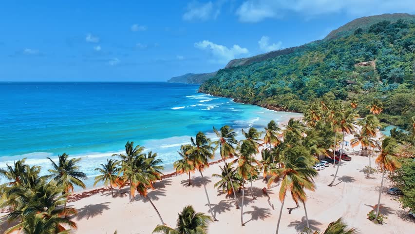 The azure coast of the Caribbean Sea with a palm beach. Amazing white sand beach and turquoise sea water background. Caribbean beach and sky. Tall palm trees on a wild big beach of the island.