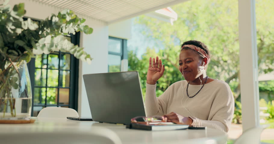 Laptop, online class and wave with black woman in home for distance school, webinar and greeting. Teacher, elearning and quiz guide with coffee and earphones for virtual lesson, bye and video call
