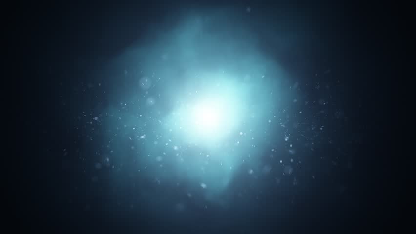 Looped dark blue foggy volumetric light tunnel, endless loop travel with flying flickering fireflies, motion graphic animation background.
