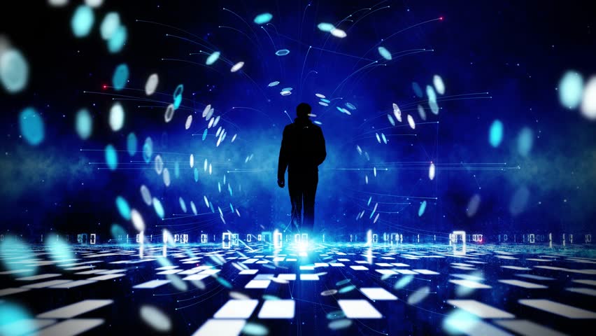 Businessman walks into a futuristic cyberspace tunnel with binary code data animation. People in digital world. Concept digital business animation.