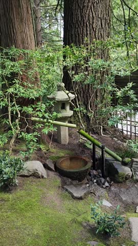 Shishi-odoshi Bamboo Pipe Water Fountain and Japanese Pagoda Lantern at the Portland Japanese Garden
