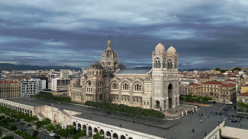 Aerial view of Marseille, France, the stunning Cathédrale La Major. For travel videos, tourism promotions, European city presentations, social media, logistics and shipping content, news reports