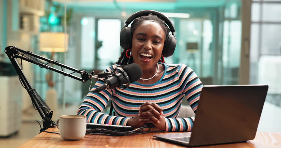 Black woman, face or announcer with laptop, headphones or mic for audio podcast at office. Portrait, female person or broadcaster talking on air in POV for radio communication, news or announcement