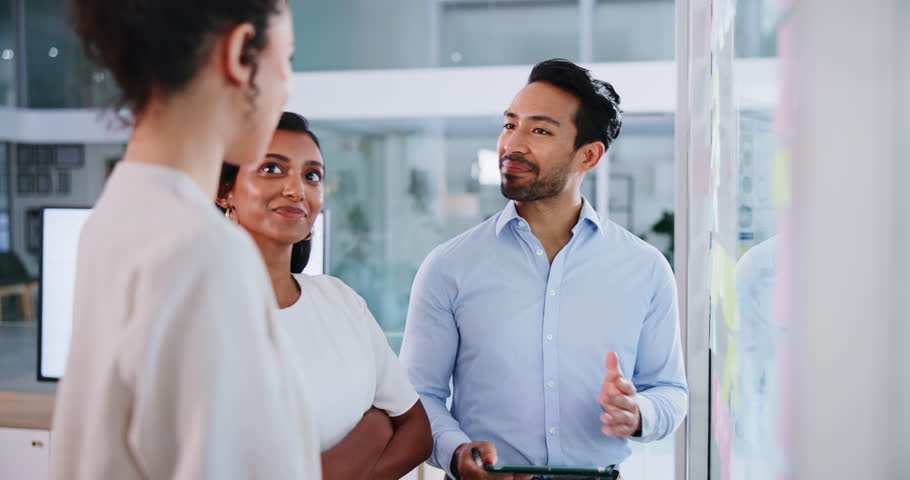 Business people, training and high five with sticky notes for brainstorming, meeting or strategy in office. Employees, tablet and planning with mentor for feedback, problem solving or digital report