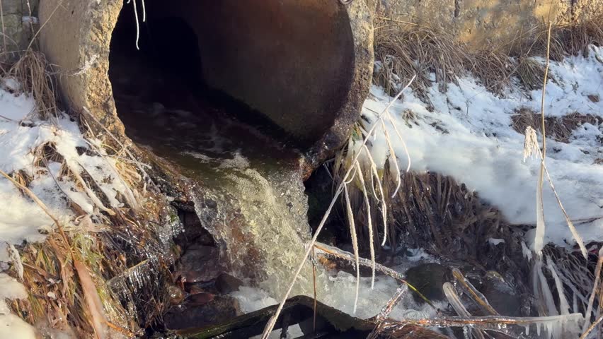 Dirty water flowing from concrete pipe into frozen creek in winter