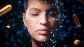 Disease transmission concept - woman's face with giant floating pathogens in environmental air. 3D Illustration - Powered by Shutterstock - Get 15% off with code: PIKWIZARD15