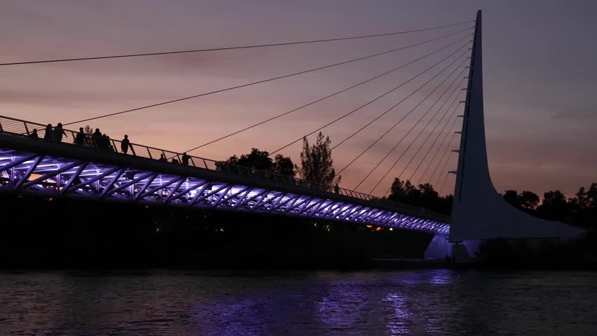 Lights on the sundial bridge in Redding California at sunset