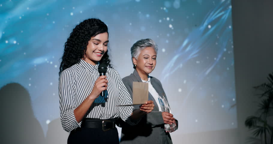 Business people, meeting and handshake with award for congratulations or thank you at seminar. Happy group, employees or shaking hands with applause or trophy for nomination at ceremony or summit