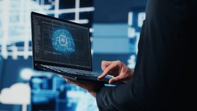 Modern entrepreneur strategizing AI driven transformation using data science, analytics and high tech user interface design. Platforms, neural networks and cyberspace innovation. Camera A. - Powered by Shutterstock - Get 15% off with code: PIKWIZARD15