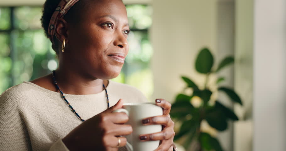 Black woman, coffee and window for thinking with view, insight or mindfulness with happy reflection. Smile, wonder or female person in house for break with drink, mindset or thoughtful for future