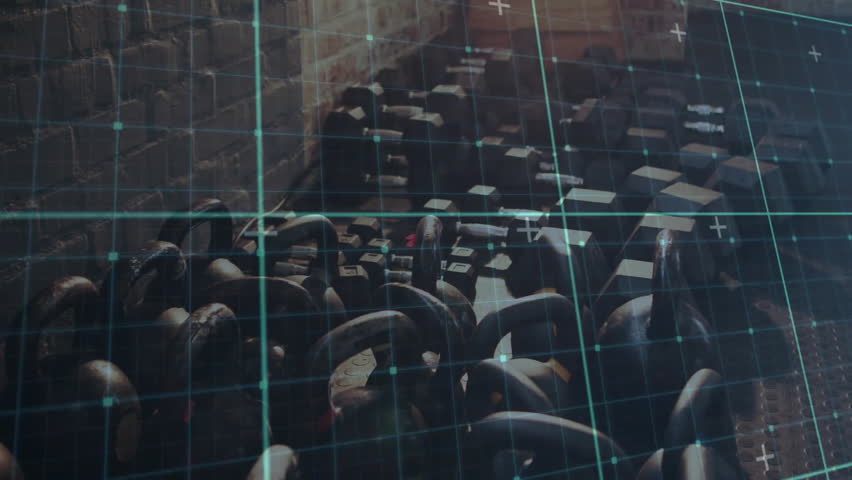 Grid overlay appearing starting camera panning right from kettlebells to bench rack showing layout. Strength, fitness, gym, workout, training, industrial, motivational