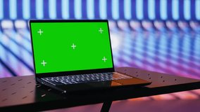 Empty space with colorful neon lights and an isolated laptop display creates futuristic cyberpunk vibe and artistic visual design. Modern urban style with glowing colors. Camera A. - Powered by Shutterstock - Get 15% off with code: PIKWIZARD15