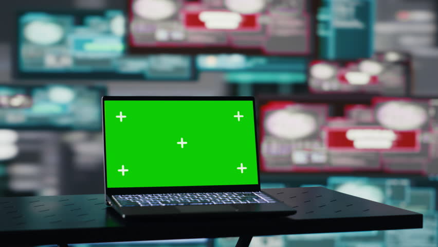 Empty space with mockup screen on pc used to initiate a cyber intrusion, compromising IT security through coding, identity theft and encryption bypass. Trigger alarms for threat detection. Camera A.