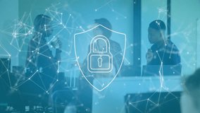 Shield icon appearing guiding colleagues sipping coffee pointing screen typing for security review. Collaboration, cybersecurity, modern office, teamwork, digital network, professional, communication - Powered by Shutterstock - Get 15% off with code: PIKWIZARD15