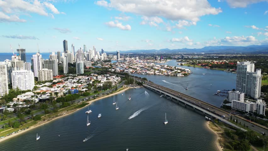 4k60 Aerial push in shot of the seaway and bridge traffic in the Gold Coast, Queensland, Australia