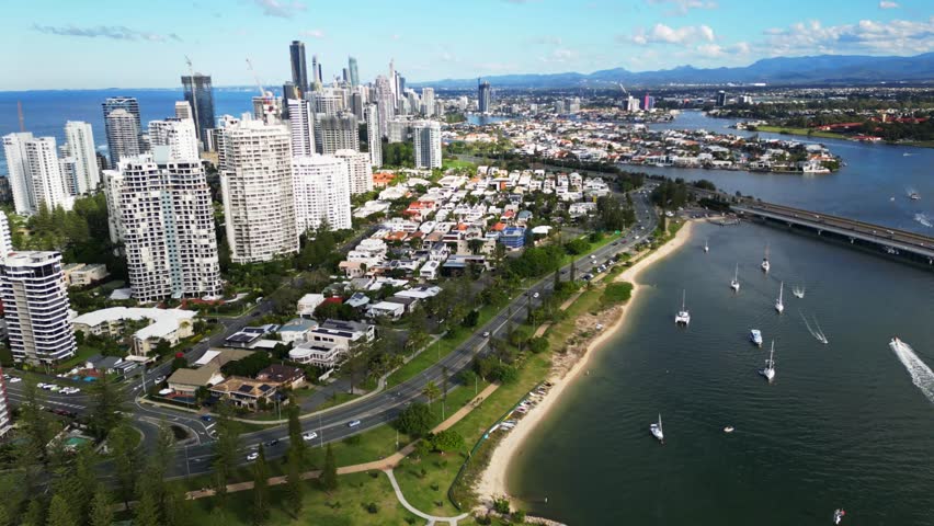 4k60 Aerial pan shot of the seaway and bridge traffic in the Gold Coast, Queensland, Australia
