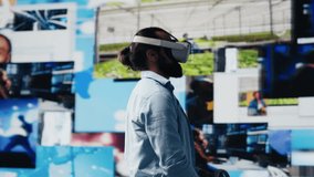 High tech person uses virtual reality headset for a 3d web design, showcasing artificial intelligence for social media connection. Influencer working on storytelling for digital world. Camera A. - Powered by Shutterstock - Get 15% off with code: PIKWIZARD15