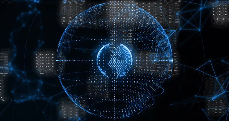 Bright blue dots appearing forming 3D spinning globe as binary panels sliding showing data network. Futuristic, technology, digital, abstraction, innovation, connectivity, cyber