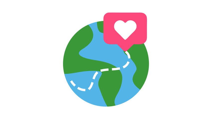 Earth with heart pin logo in cartoon animation. Global love and exploration icon. Tour and travel symbol. Alpha channel. Seamless looping.