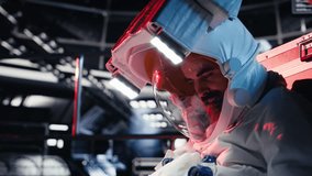 Spaceman collapses after oxygen levels drop suddenly due to spaceship hull breach. Orbital station crew member loses consciousness from environmental failure caused by damaged equipment, camera B - Powered by Shutterstock - Get 15% off with code: PIKWIZARD15