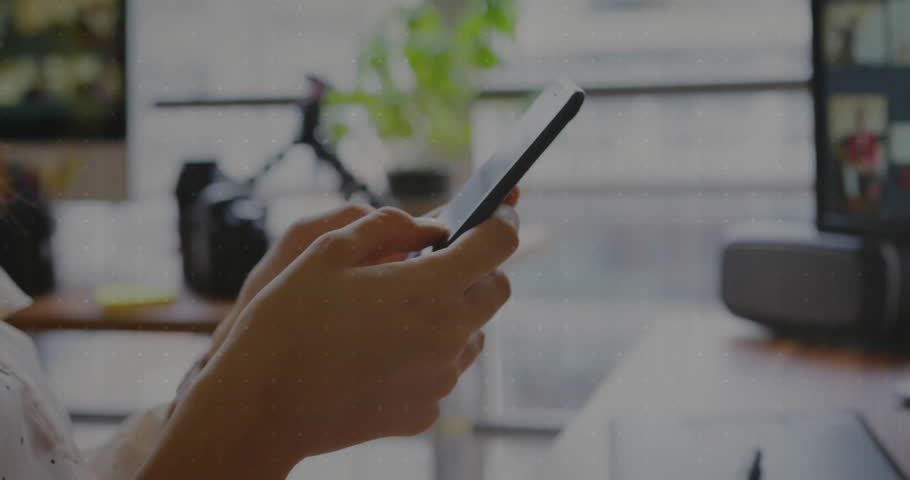 Professional woman tapping smartphone by window generating expanding charts and analyzing tech data. Business, analytics, digital, workspace, minimalism, corporate, innovation