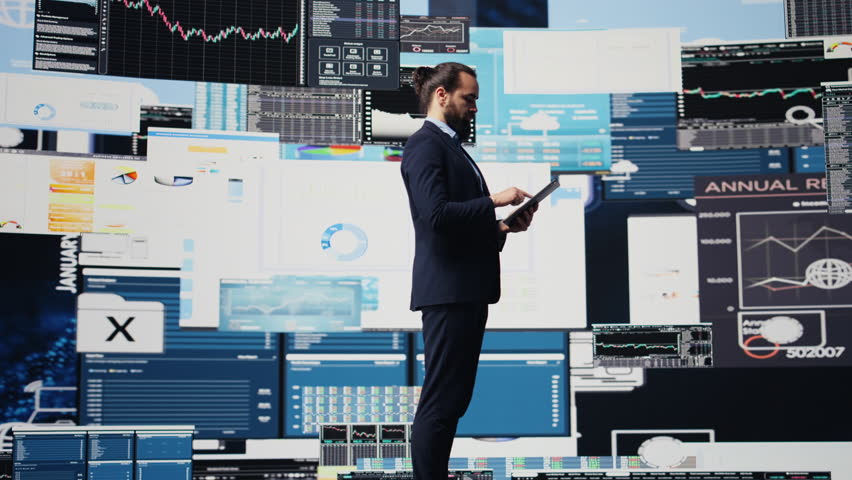 High end executive officer thinking about new powerful ideas for company profit growth, using analytics reports and KPI projections to ensure fruitful decision making. Forecasting. Camera B.