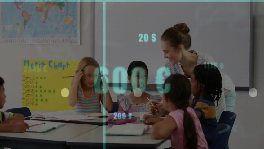 Teacher leaning over table and pointing at paper, activating animated finance charts for lesson. Education, classroom, data visualization, learning, collaboration, analysis, academic - Powered by Shutterstock - Get 15% off with code: PIKWIZARD15