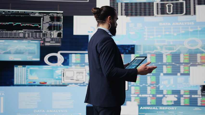 Entrepreneur global CEO speaking at a professional convention, doing a business pitch on stage. With a powerful voice presenting infographics, shares vision for success and leadership. Camera B.