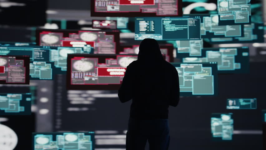 Professional spy compromising cyber security through malware and viruses, digital threat of hacking with unauthorized intrusion into secure networks. Leading to quantum threat and risk. Camera B.