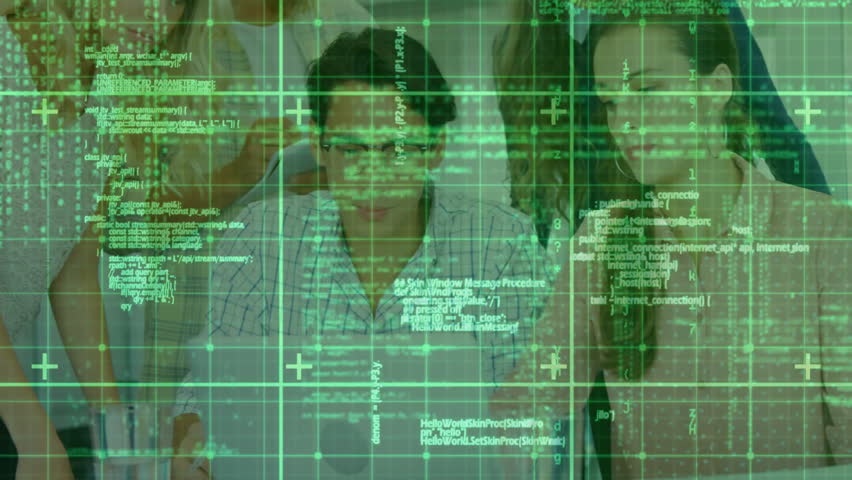 Green code overlay scrolling upward revealing coding team collaborating around laptop to debug code. Technology, innovation, teamwork, software development, digital, collaboration, modern - Powered by Shutterstock - Get 15% off with code: PIKWIZARD15