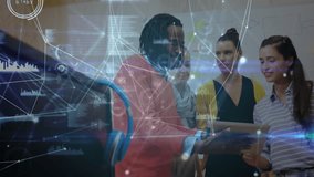 Man in sweater tapping tablet activating holographic charts with colleagues analyzing business data. Collaboration, innovation, digital, teamwork, presentation, brainstorming, corporate - Powered by Shutterstock - Get 15% off with code: PIKWIZARD15