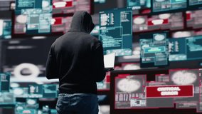 Cyber infiltration unfolds as a hacker is targeting network systems, bypassing encryption and engaging in espionage. Man practices identity theft and breaches through AI manipulation. Camera A. - Powered by Shutterstock - Get 15% off with code: PIKWIZARD15