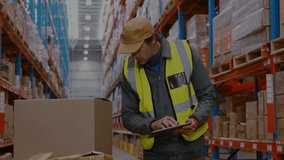 Warehouse associate tapping tablet and starting inventory scan, creating golden overlay on boxes. Industrial, logistics, technology, automation, inventory, warehousing, data - Powered by Shutterstock - Get 15% off with code: PIKWIZARD15