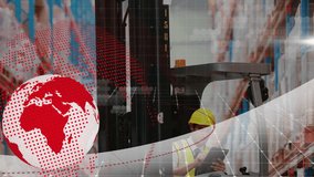 Warehouse operator scanning racks, tapping tablet as globe and hex patterns guiding stock updating. Inventory, logistics, technology, data, supply chain, distribution, efficiency - Powered by Shutterstock - Get 15% off with code: PIKWIZARD15