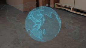 Holographic globe materializing above pallet, rotating with code arcs around ascending data chart. Futuristic, technology, data visualization, digital, industrial, global, innovation - Powered by Shutterstock - Get 15% off with code: PIKWIZARD15