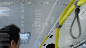 Male passenger boarding bus and explaining business data via smartphone floating icons to colleague. Colleagues, teamwork, digital interface, data visualization, urban transit, professional - Powered by Shutterstock - Get 15% off with code: PIKWIZARD15