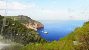 Drone approaching hillside, fading in HUD overlays and animating analysing system panel for mapping. Aerial, landscape, digital, visualization, technology, analytics, coastal - Powered by Shutterstock - Get 15% off with code: PIKWIZARD15