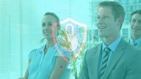 Security icon appearing over business professionals and animating network nodes wrapping group. Technology, cybersecurity, digital, corporate, teamwork, innovation, modern - Powered by Shutterstock - Get 15% off with code: PIKWIZARD15