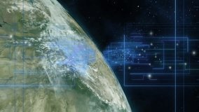 Glowing orange node activating rotating globe sending arcs visualizing world data network. Global, connectivity, digital, technology, network, communication, futuristic - Powered by Shutterstock - Get 15% off with code: PIKWIZARD15